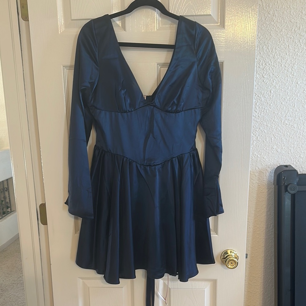 House of CB Blue Pleated Long Sleeve Sundress
